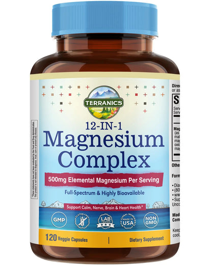Terranics 12-IN-1 Magnesium Complex supplement bottle on a white background