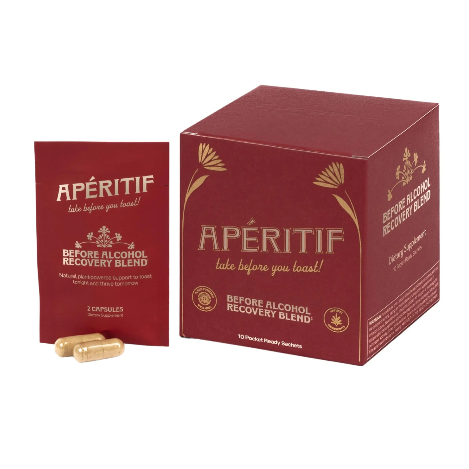 Apéritif before alcohol recovery blend packaging with capsules on a white background