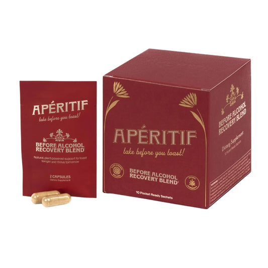 Apéritif before alcohol recovery blend packaging with capsules on a white background