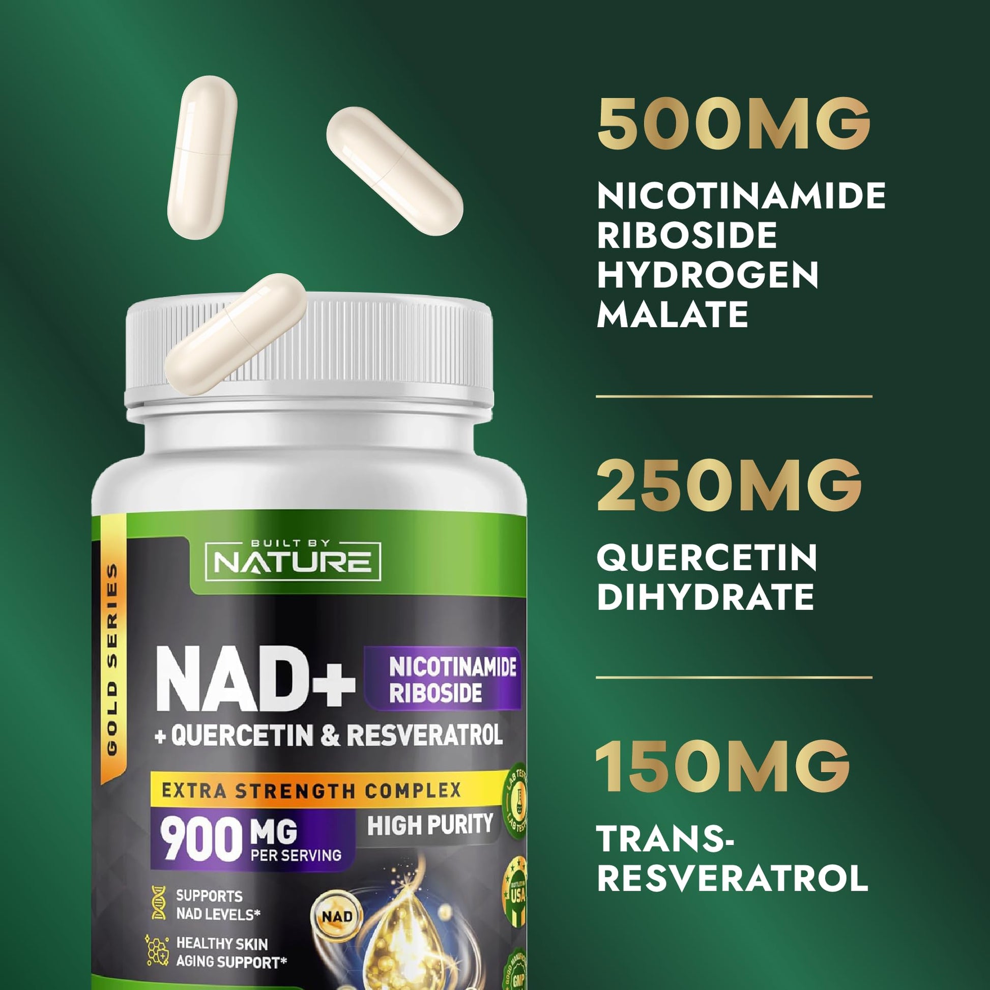 Built by Nature NAD Supplement – NAD+ Nicotinamide Riboside with Resveratrol & Quercetin 900mg Formula – NMN Alternative Supplement for Energy, Cellular Health & Anti-Aging – 90 Capsules Built by NatureBuy Supplements Australia