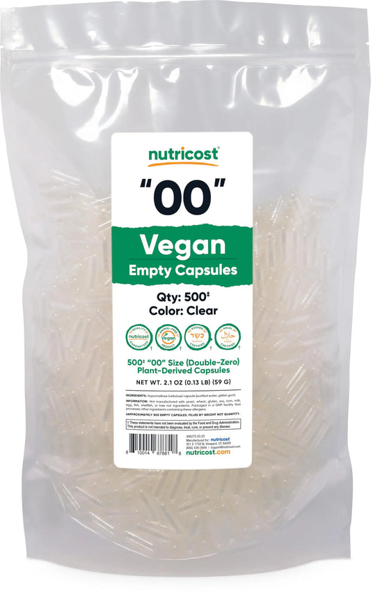 Nutricost Vegan Empty Capsules package with clear capsules inside