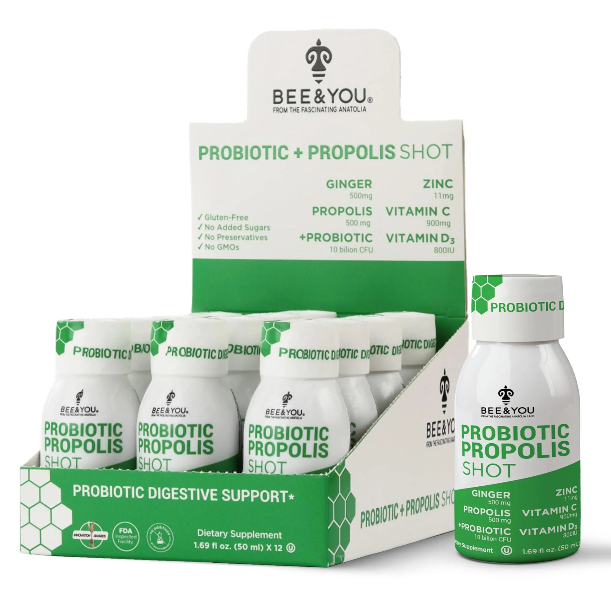 Bee & You probiotic and propolis shots with packaging on a white background