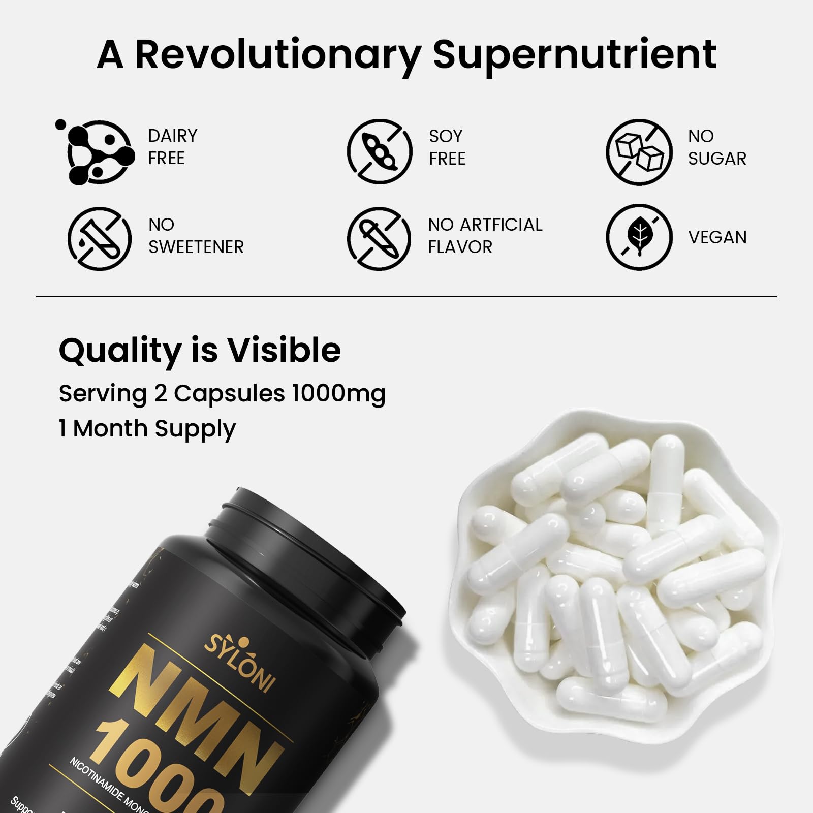 Syloni NMN Supplement 1000mg, 99% Pure NMN 4-in-1 NAD+ Booster with PQQ, CoQ10, L-Ergothioneine, 60 Capsules Nicotinamide Mononucleotide - Anti-Aging, Energy Boost, DNA Repair for Adults, Vegan SyloniBuy Supplements Australia