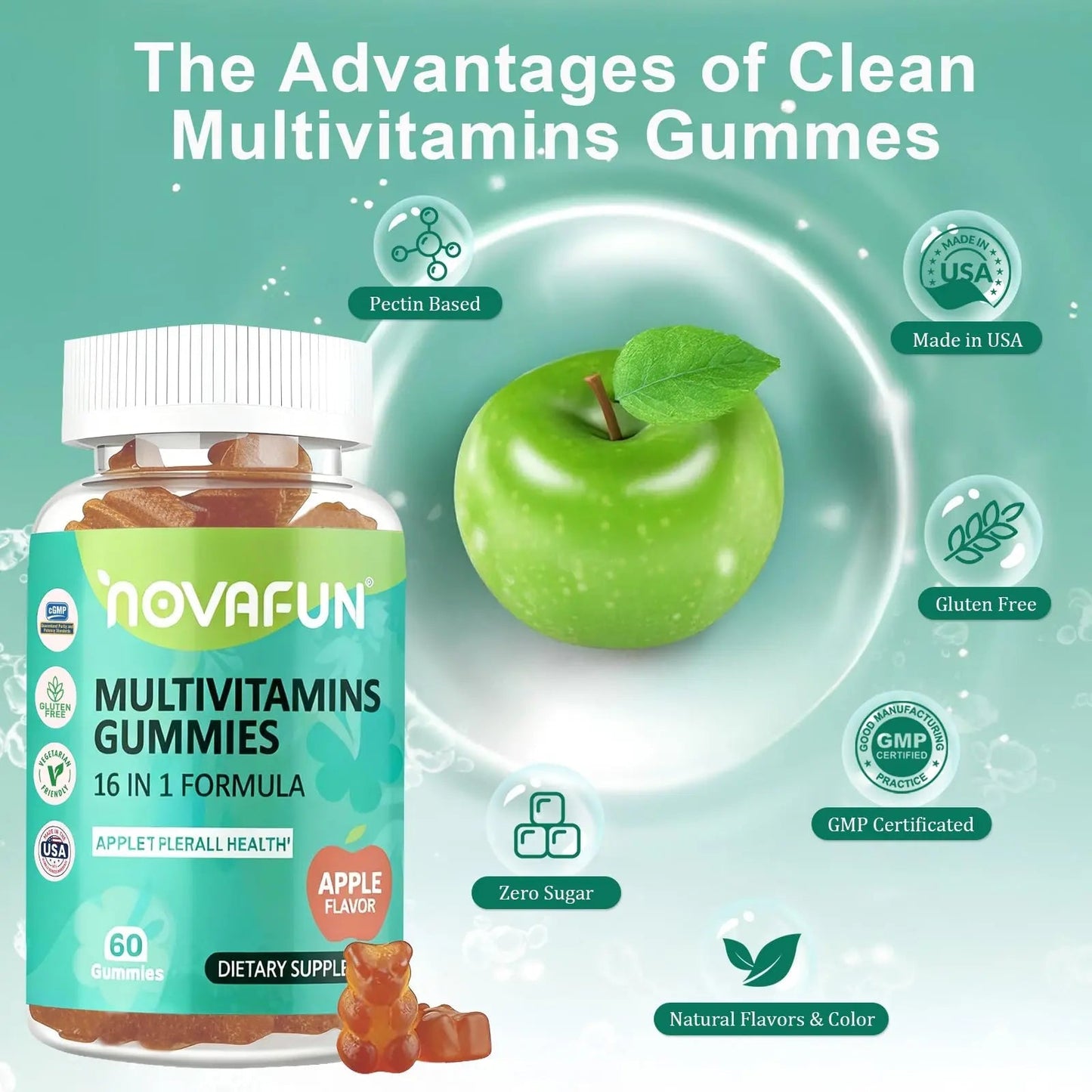 Novafun Multivitamin Gummies,16-in-1 Multi Vitamin Supplements for Women, Men & Kids, Essential Vitamins & Minerals Novafun