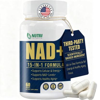 NAD+ Supplement-NMN Upgrade Alternative,NAD Resveratrol Supplement 15-in-1 CoQ10 for Man & Women–Third-Party Tested(Made & Tested in USA).Supports Cellular Energy,Healthy Aging-Non-GMO - 60 Capsules NUTRI POTENTIABuy Supplements Australia