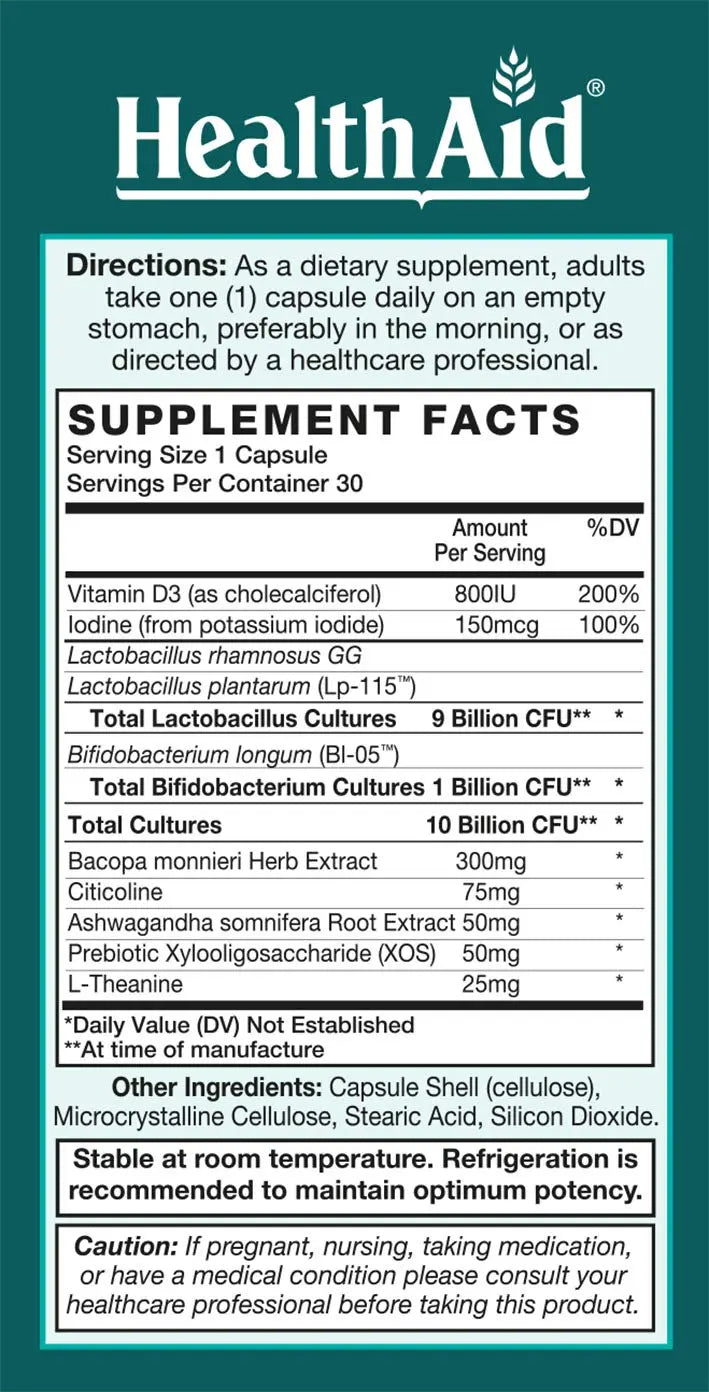 FocusProbio for Adults – 10 Billion CFU Probiotic with Prebiotic, Bacopa, Citicoline, L‑Theanine, Ashwagandha & Vitamin D₃ | Supports Focus, Mood & Gut-Brain Balance – Vegetarian, Once Daily HealthAid buy supplements Au