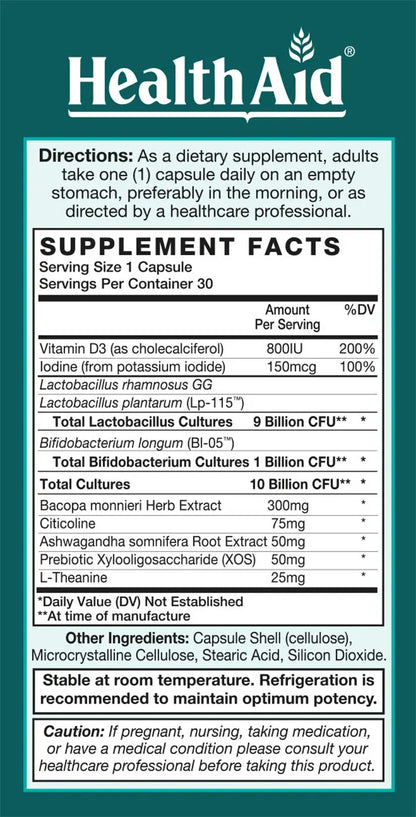 FocusProbio for Adults – 10 Billion CFU Probiotic with Prebiotic, Bacopa, Citicoline, L‑Theanine, Ashwagandha & Vitamin D₃ | Supports Focus, Mood & Gut-Brain Balance – Vegetarian, Once Daily HealthAid buy supplements Au