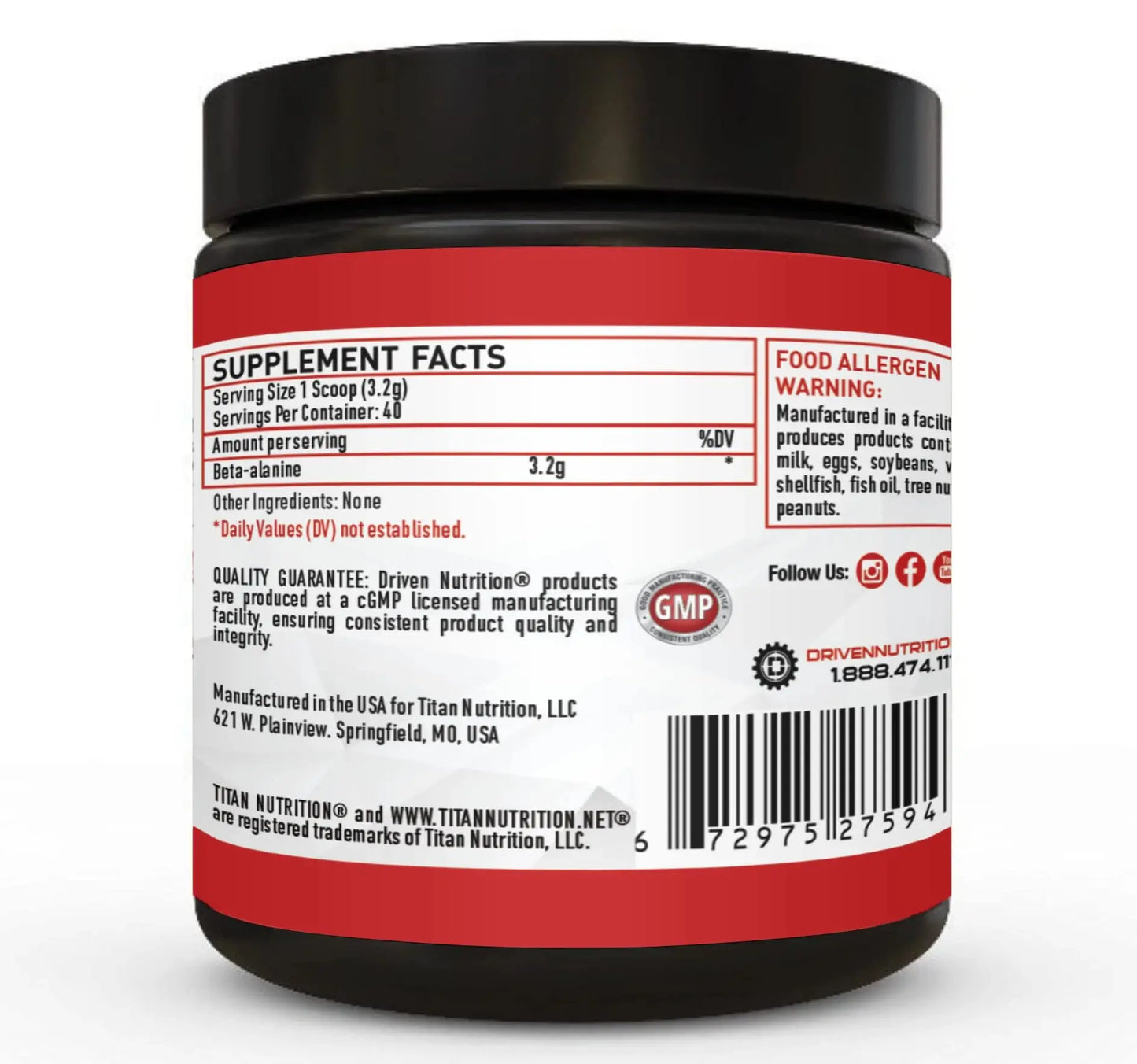 Driven Nutrition Beta Alanine, Unflavored - Preworkout Carnosine Booster for Physical Driven Nutrition