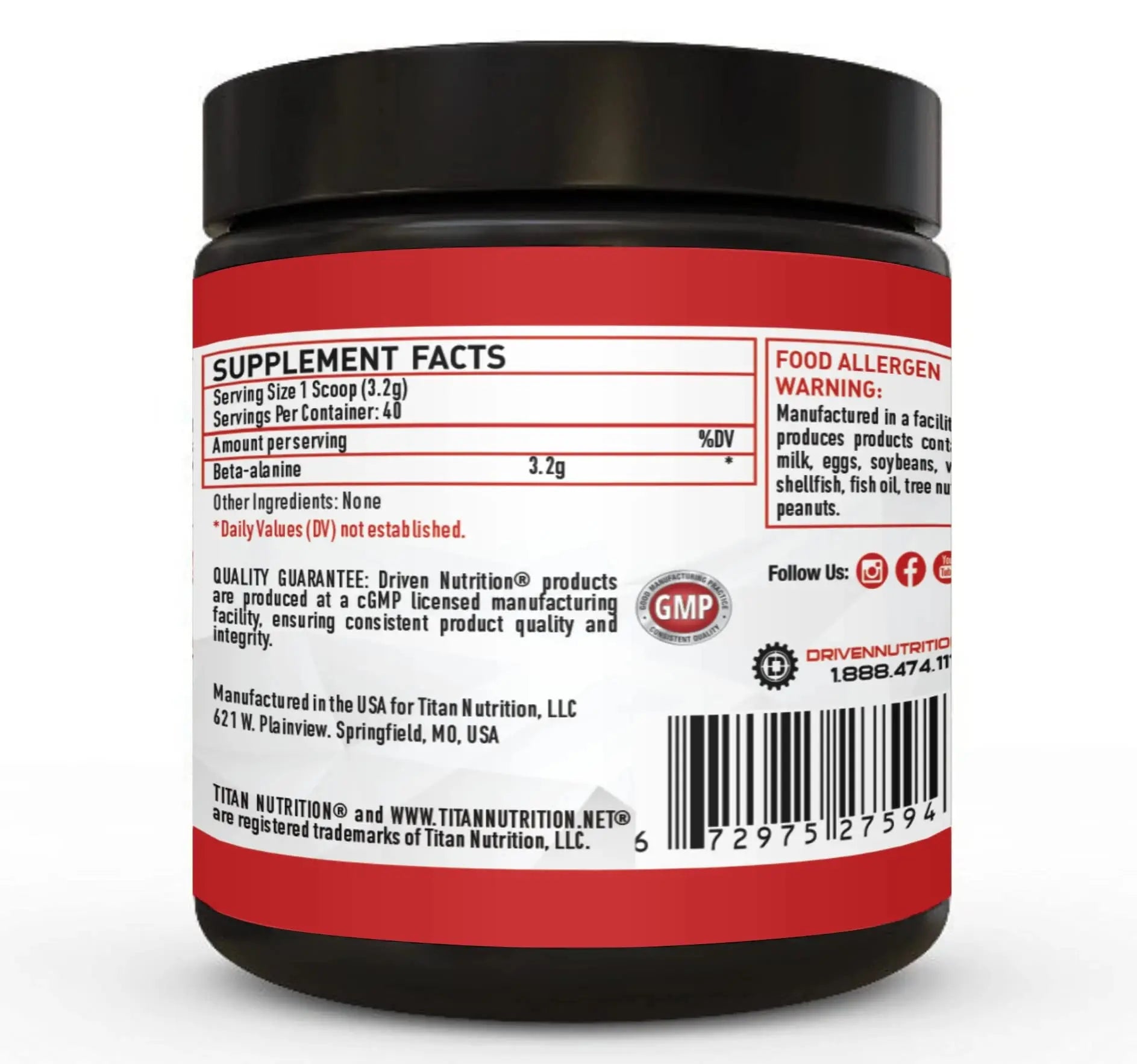 Driven Nutrition Beta Alanine, Unflavored - Preworkout Carnosine Booster for Physical Driven Nutrition