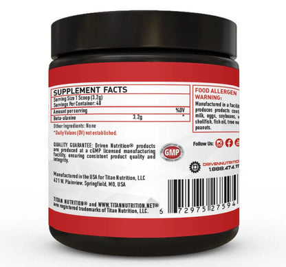 Driven Nutrition Beta Alanine, Unflavored - Preworkout Carnosine Booster for Physical Driven Nutrition