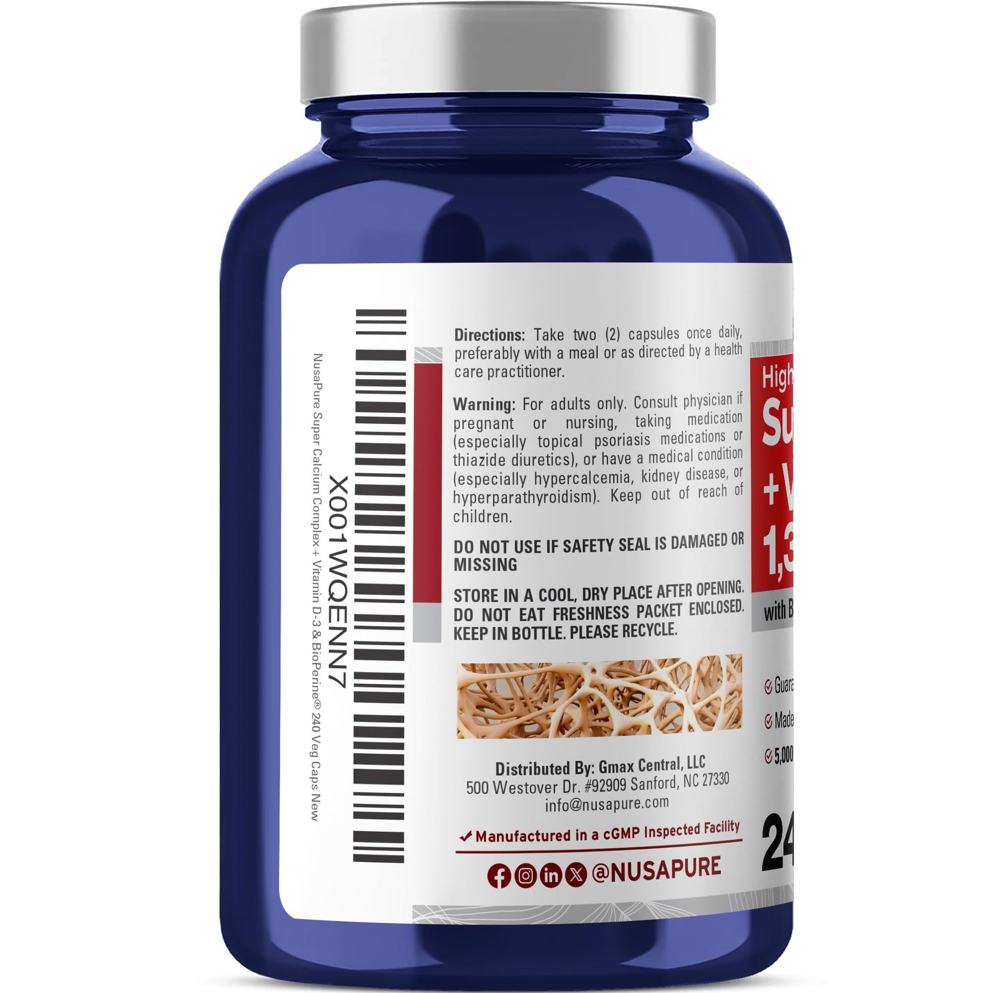 NusaPure Super Calcium with Vitamin D 3 & Calcium Citrate - Suitable for Vegetarian/Vegan, Non - GMO - 1300mg - 240 Capsules NusaPureBuy Supplements Australia