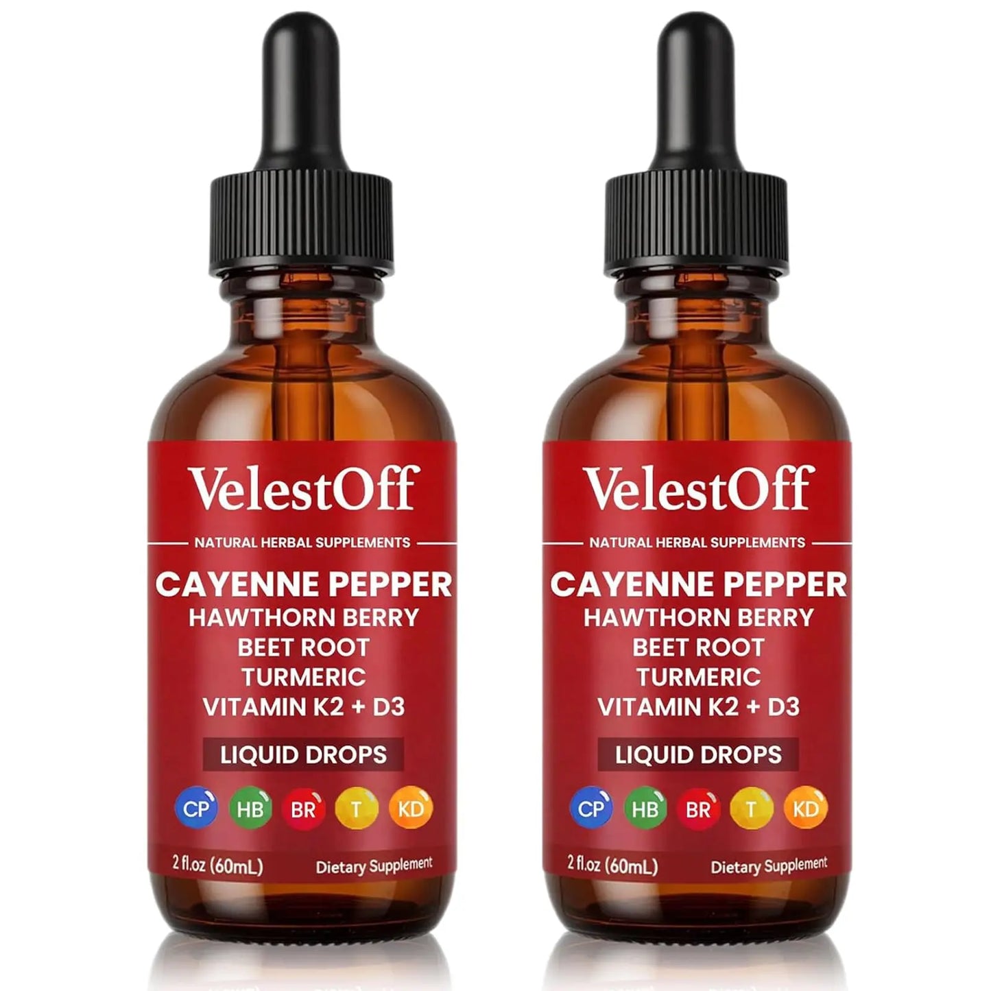 Two bottles of VelestOff Cayenne Pepper liquid drops on a white background