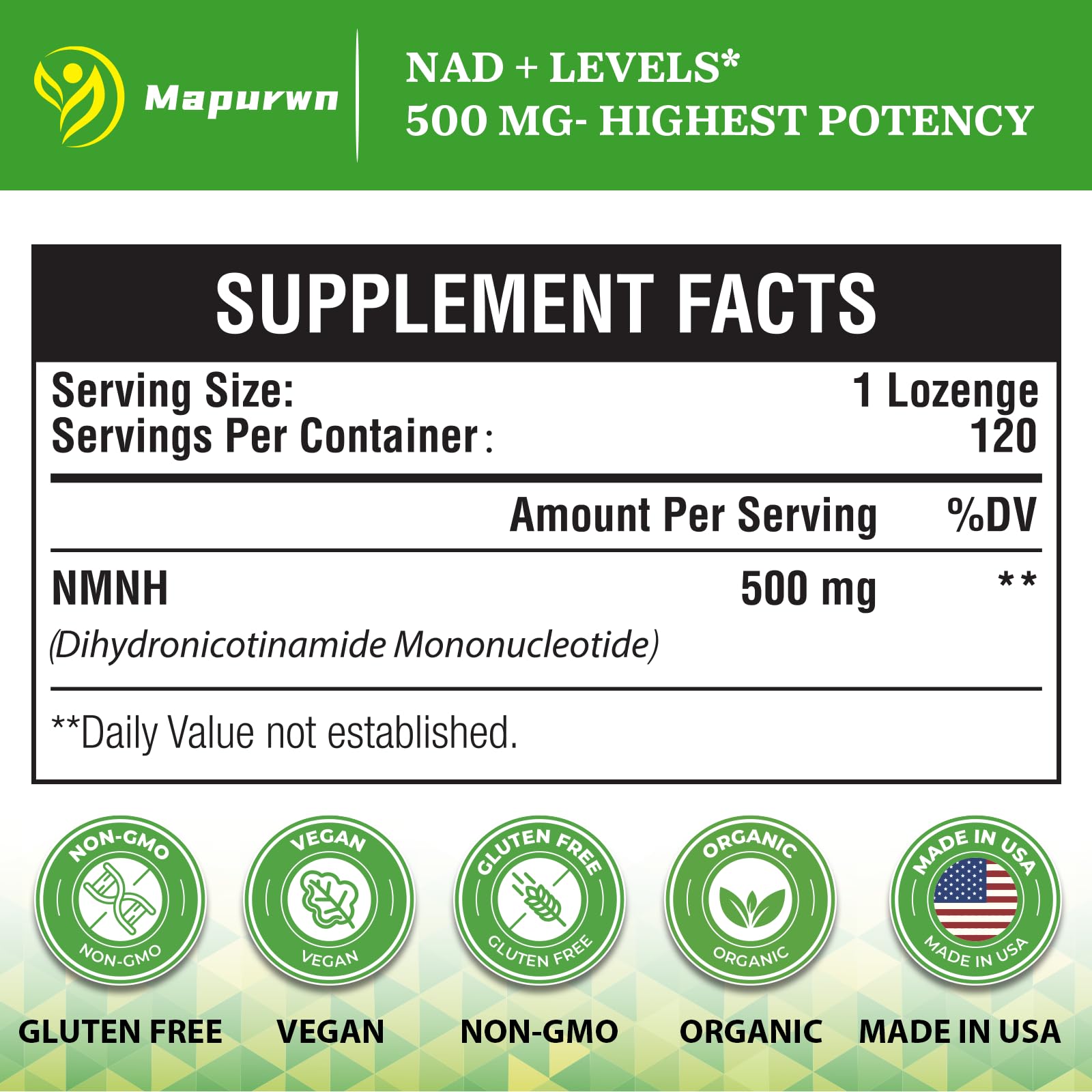 Mapurwn NMNH (Dihydronicotinamide Mononucleotide), NMN Supplement, 500mg per Serving NAD Supplement to Boost NAD+ Levels As We Age for Women & Men, Anti-Aging, Energy, Focus, 120 Count MapurwnBuy Supplements Australia
