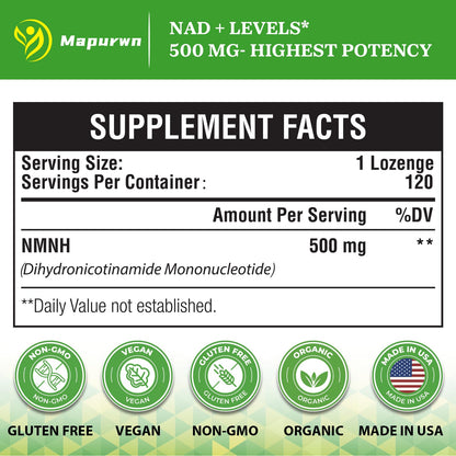 Mapurwn NMNH (Dihydronicotinamide Mononucleotide), NMN Supplement, 500mg per Serving NAD Supplement to Boost NAD+ Levels As We Age for Women & Men, Anti-Aging, Energy, Focus, 120 Count MapurwnBuy Supplements Australia