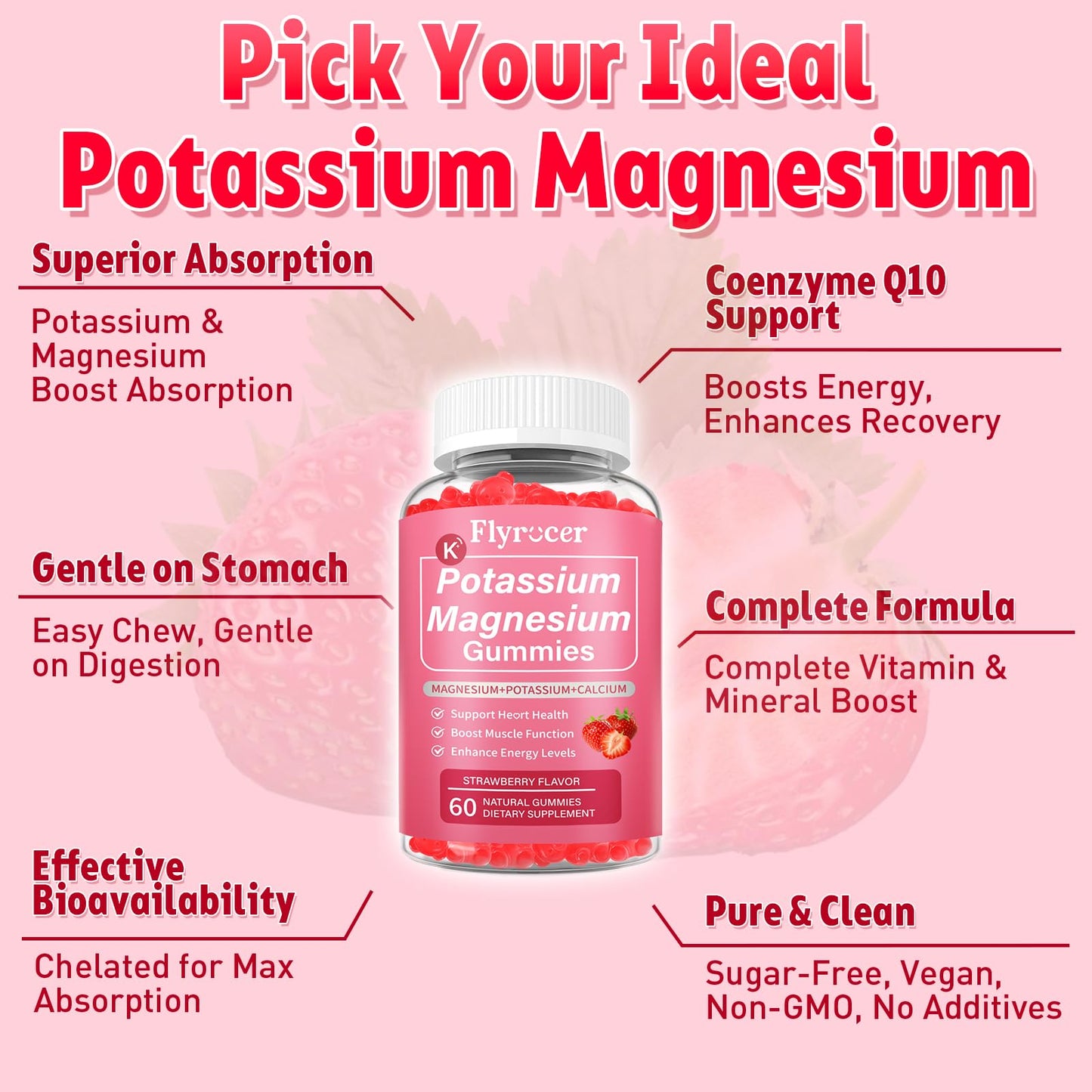 2 Pack Potassium Magnesium Gummies for Men & Women, Potassium Magnesium Supplement for Leg Cramps, Muscle Health, & Electrolyte Balance, Strawberry Flavor, 120 Gummies FlyrocerBuy Supplements Australia