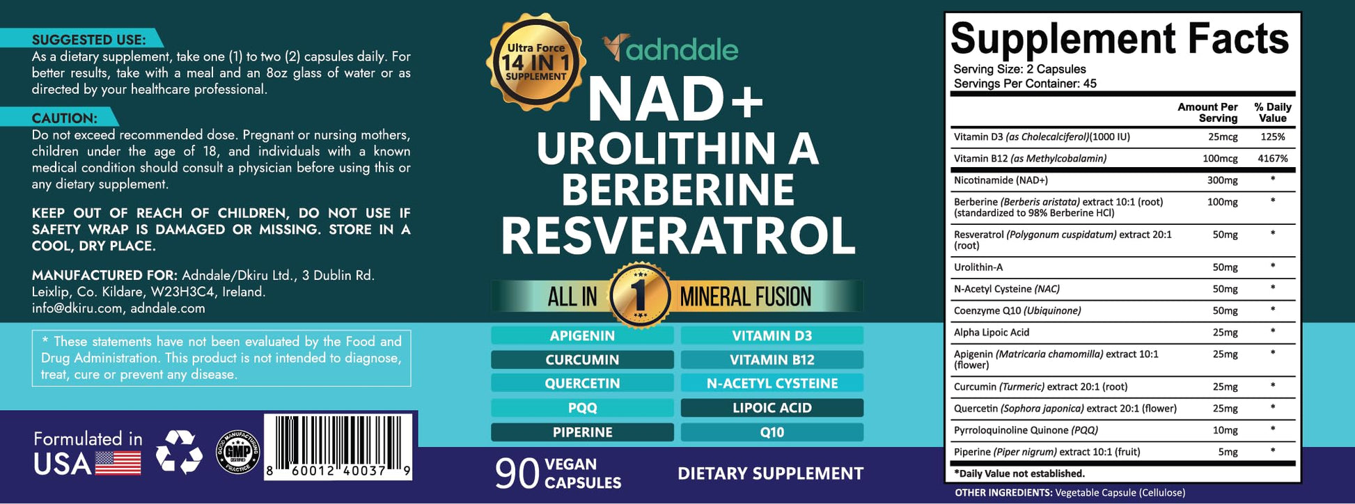 Adndale NAD Supplement. Longevity Formula with Liposomal NAD+, Trans Resveratrol, Urolithin-A, Berberine, CoQ10. NMN Supplement Alternative. 90 Count AdndaleBuy Supplements Australia