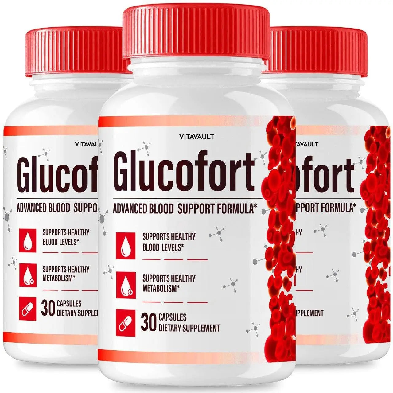 Three bottles of Glucofort supplement with red and white labels on a white background
