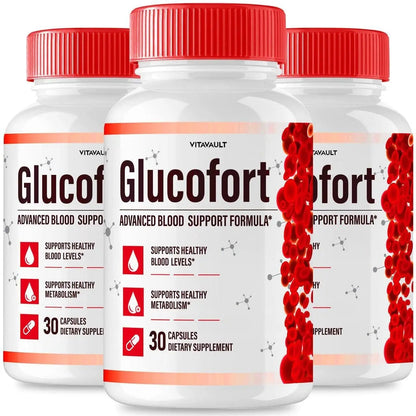 Three bottles of Glucofort supplement with red and white labels on a white background