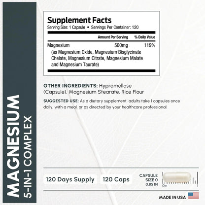 ForestLeaf Magnesium Complex for Women and Men - 500mg Magnesium Supplement for Sleep - 5-in-1 Chelated Magnesium Citrate, Bisglycinate, Malate, Taurate, Oxide (120 Ct) ForestLeaf buy supplements Au