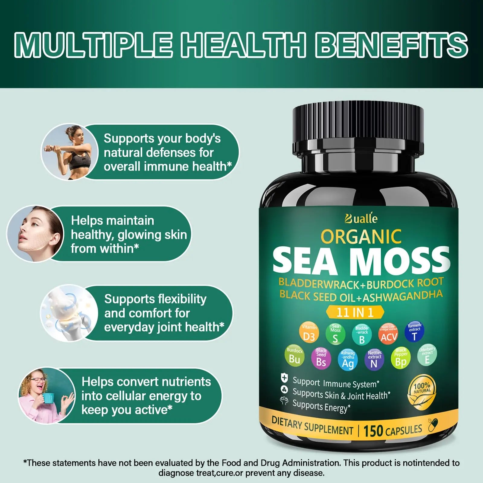 Bualle Irish Sea Moss Capsules – Organic Sea Moss, Black Seed Oil, Ashwagandha Supplements with Bladderwrack, Ginger & Burdock Root – Supports Daily Wellness, Skin & Energy – 150 Count (1 Pack) Bualle buy supplements Au