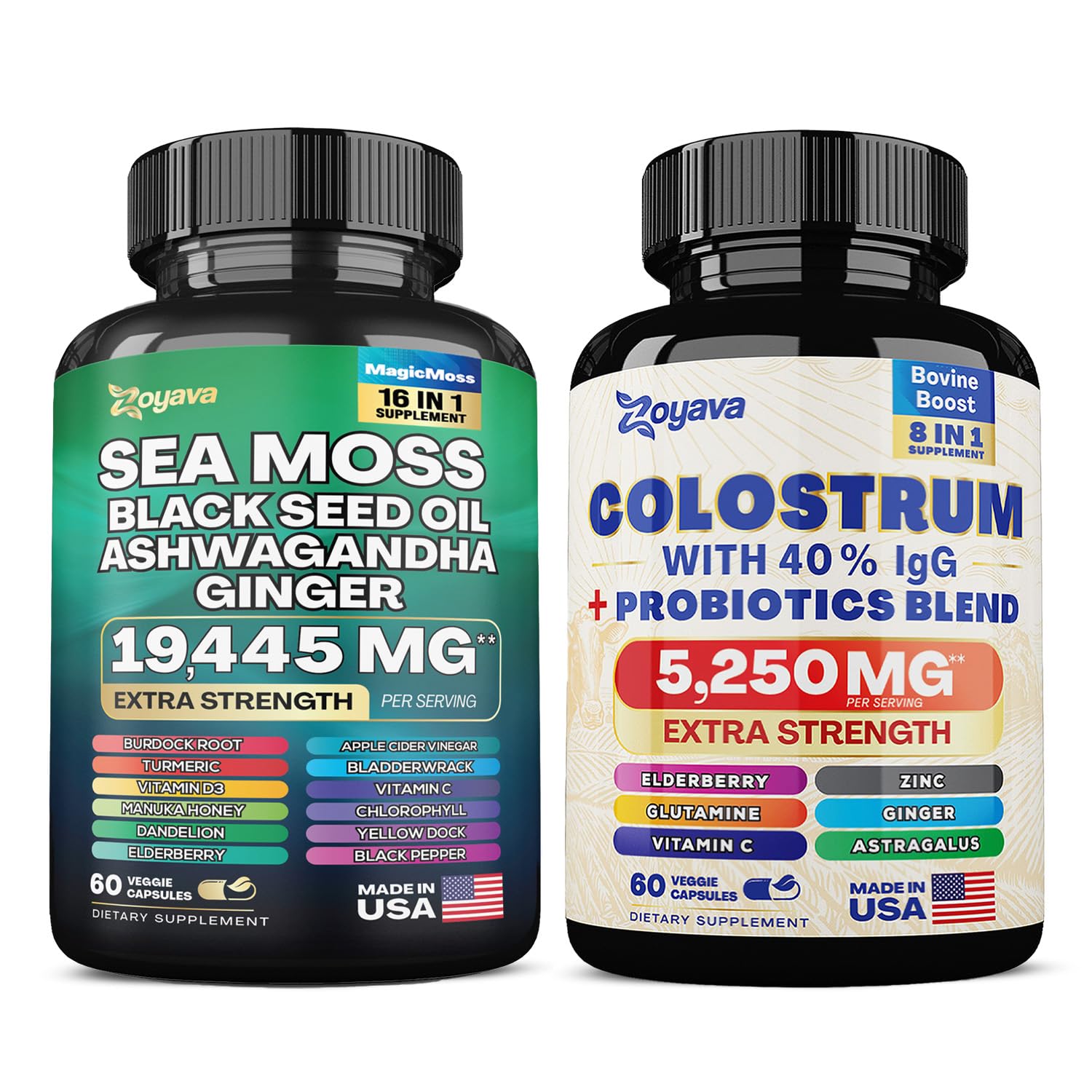 Zoyava Sea Moss 16-in-1 Blend 19,445 MG (60 Caps) and Colostrum 8-in-1 5,250 MG Zoyava