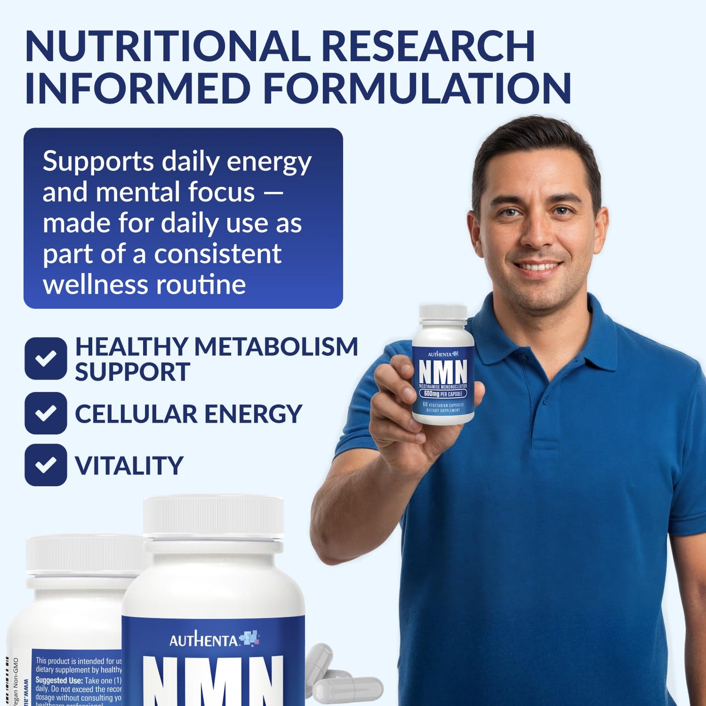 NMN Supplement 600 mg/Capsule Once Daily | 99% Pure Beta Nicotinamide Mononucleotide | Potent NAD⁺ Precursor | Supports Cellular Energy & Metabolism | Vegan, Non-GMO, Third-Party Tested & Gluten-Free AUTHENTABuy Supplements Australia