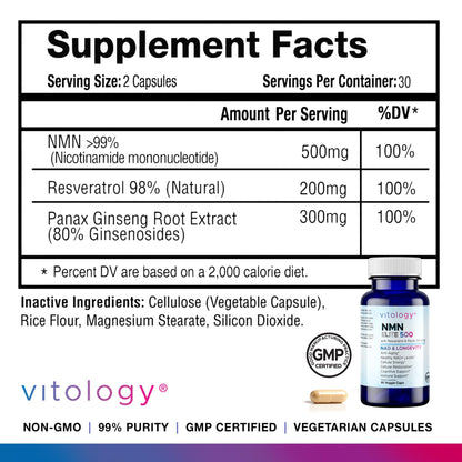 Vitology NMN Elite 500 – NMN 500mg, Resveratrol 200mg, Panax Ginseng 300mg – NAD+ Cellular Energy & Longevity Support Supplement – Focus, Vitality & Anti-Aging Formula – Non-GMO, Vegan Capsules VitologyBuy Supplements Australia