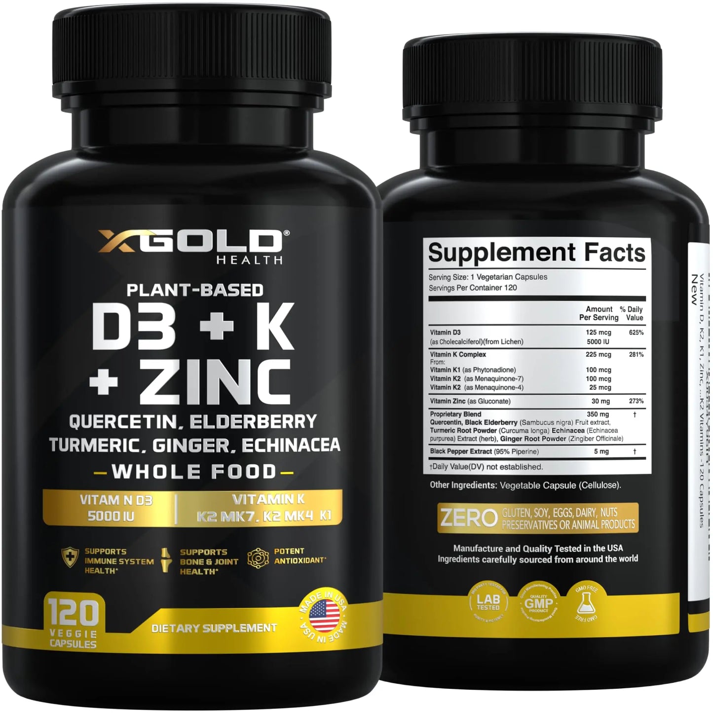 Vitamin D, K2, K1, Zinc, Quercetin, Elderberry, Turmeric, Ginger & Echinacea Whole Food Supplement 8 in 1- D3 5000 IU Plant-Based from Lichen, Vitamin K (K2 MK7, MK4, K1) X Gold Health