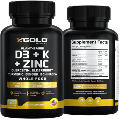 Vitamin D, K2, K1, Zinc, Quercetin, Elderberry, Turmeric, Ginger & Echinacea Whole Food Supplement 8 in 1- D3 5000 IU Plant-Based from Lichen, Vitamin K (K2 MK7, MK4, K1) X Gold Health