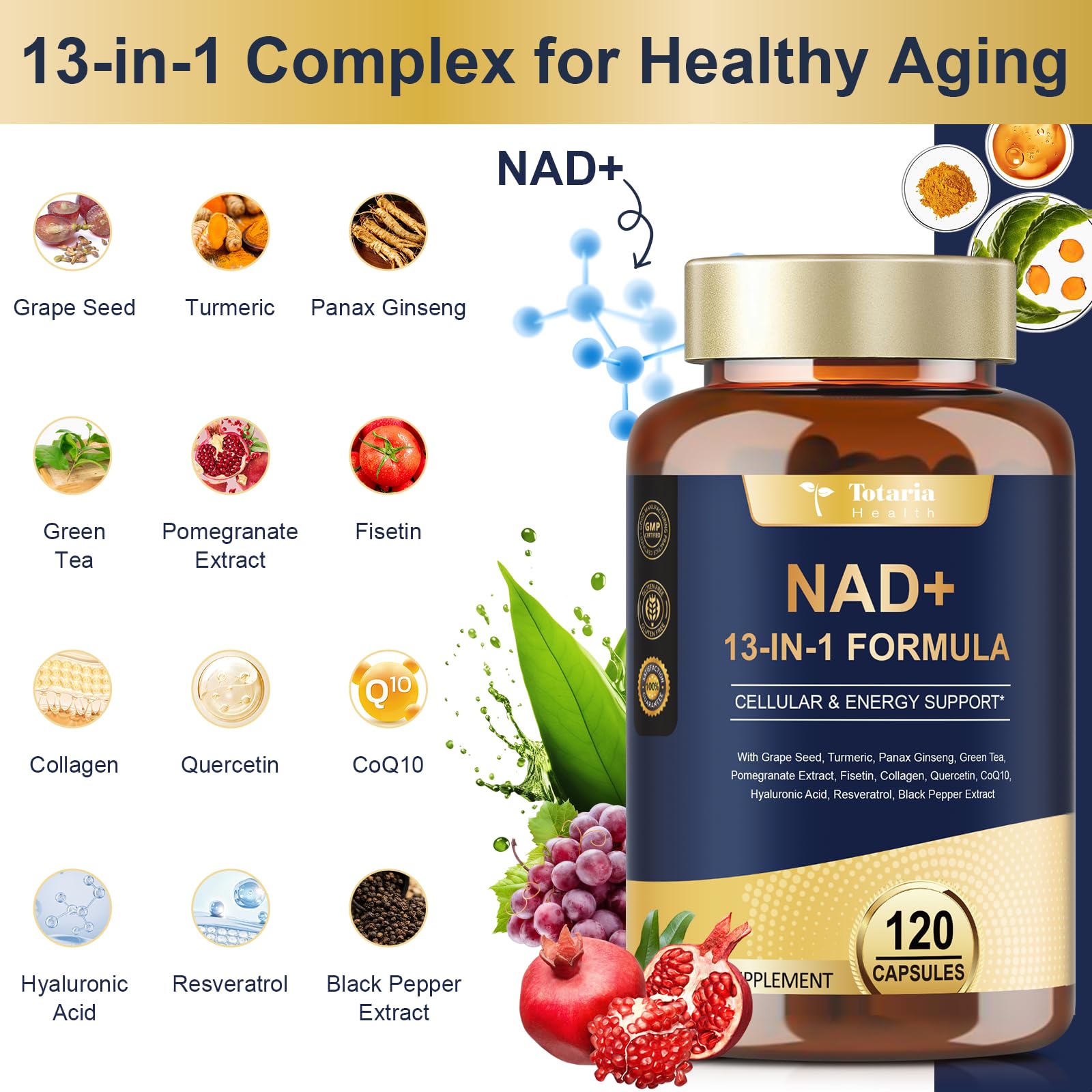 Totaria (2 Packs) NAD Supplement for Women Men with nicotinamide riboside resveratrol,Quercetin, Betaine Boost NAD+ Levels NAD Plus Supplement for Anti Aging, Energy, Immune, Focus 120 Capsules TotariaBuy Supplements Australia