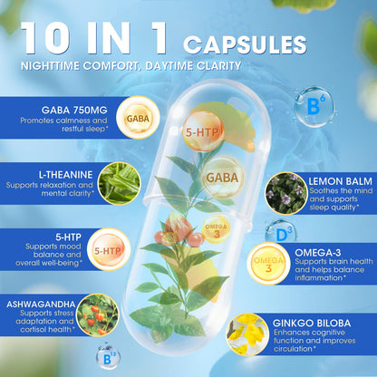 GABA Supplements 750mg with L Theanine, 5HTP, Ashwagandha, Lemon Balm, Ginkgo Biloba, Omega-3, 10 in 1 GABA Calm Capsules for Sleep, Relaxation, Focus, Mood Support, Cortisol Balance - 90CT LukareeBuy Supplements Australia