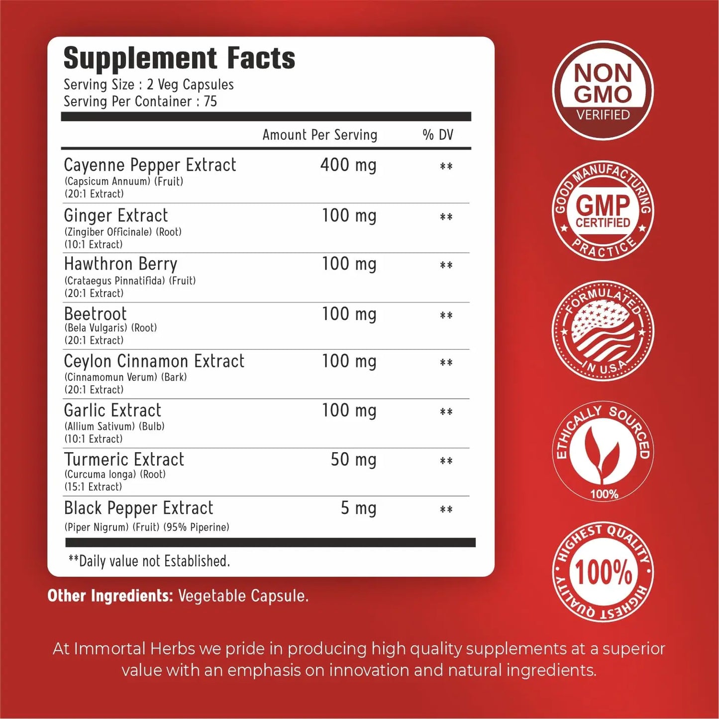 Immortal Herbs Cayenne Pepper Capsules w/Garlic, Ginger, Hawthorn, Turmeric, Cinnamon, Beet Root and Black Pepper Extract, 150 Cayenne Capsules, Non-GMO & Gluten Free Capsaicin Supplement Immortal Herbs buy supplements Au
