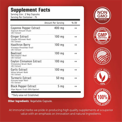 Immortal Herbs Cayenne Pepper Capsules w/Garlic, Ginger, Hawthorn, Turmeric, Cinnamon, Beet Root and Black Pepper Extract, 150 Cayenne Capsules, Non-GMO & Gluten Free Capsaicin Supplement Immortal Herbs buy supplements Au