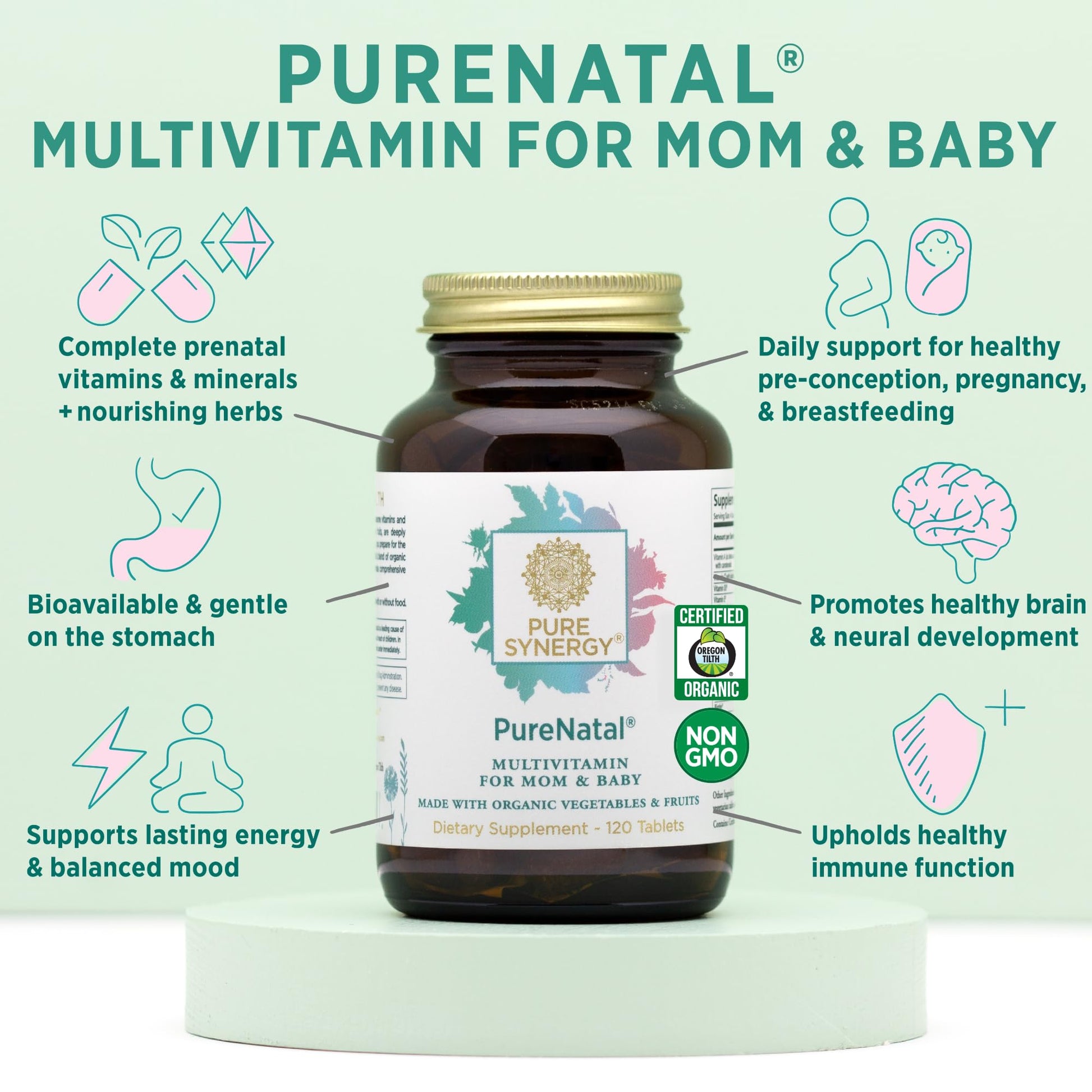 PURE SYNERGY PureNatal Prenatal Vitamins | Vegan Supplement Made with Organic Whole Foods PURE SYNERGY