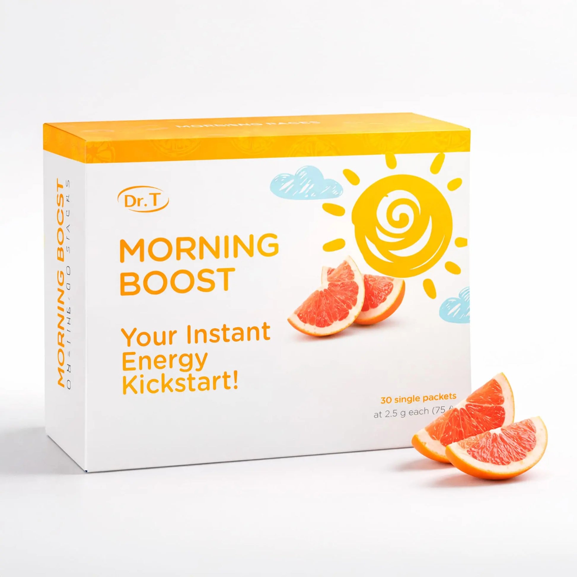 Box of Dr. T Morning Boost with grapefruit slices on a white background