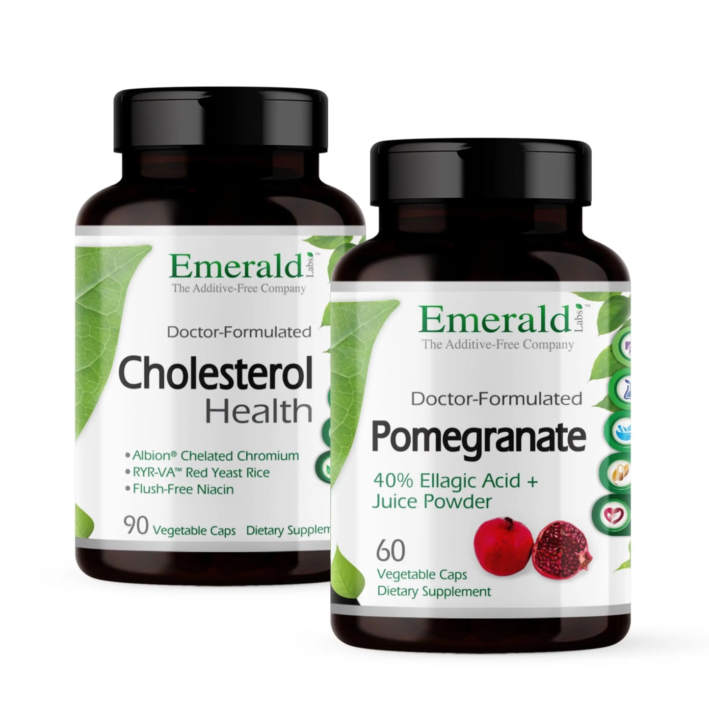 Two bottles of Emerald Health supplements on a white background
