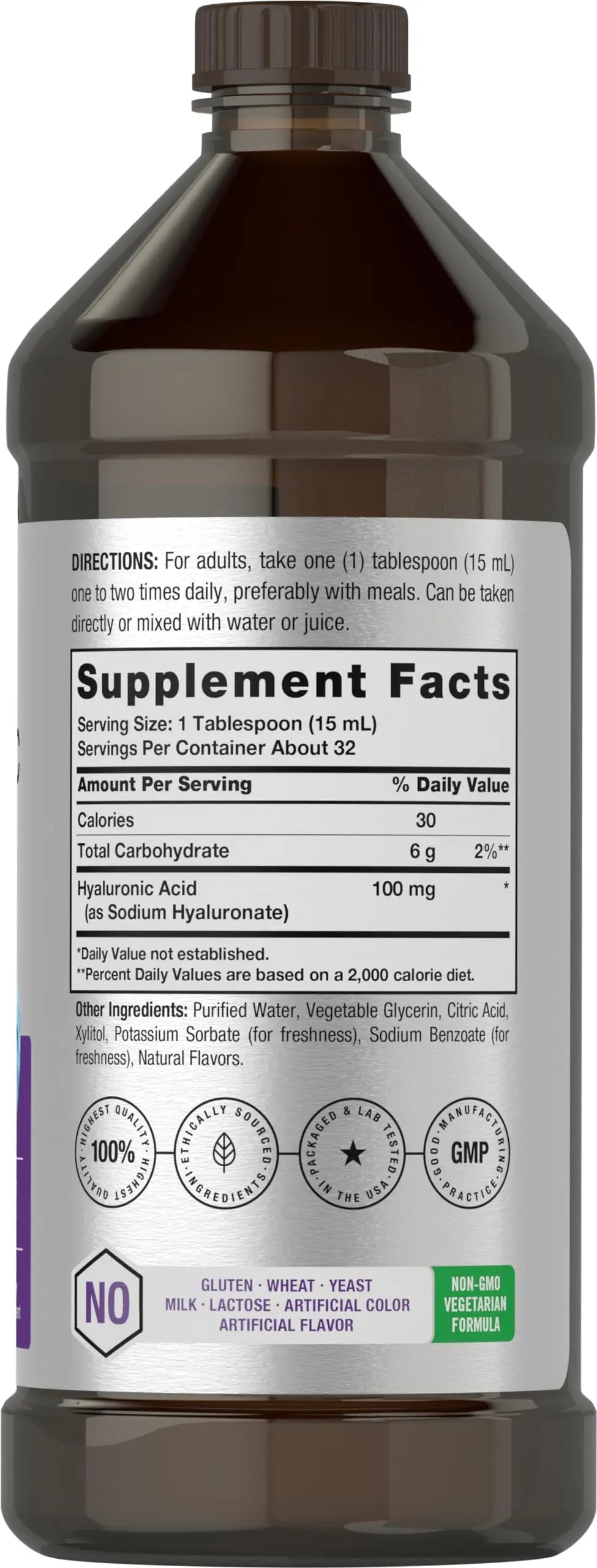 Liquid Hyaluronic Acid Supplement | 100 mg | 16 oz | Mixed Berry Flavor | Non-GMO Horbäach