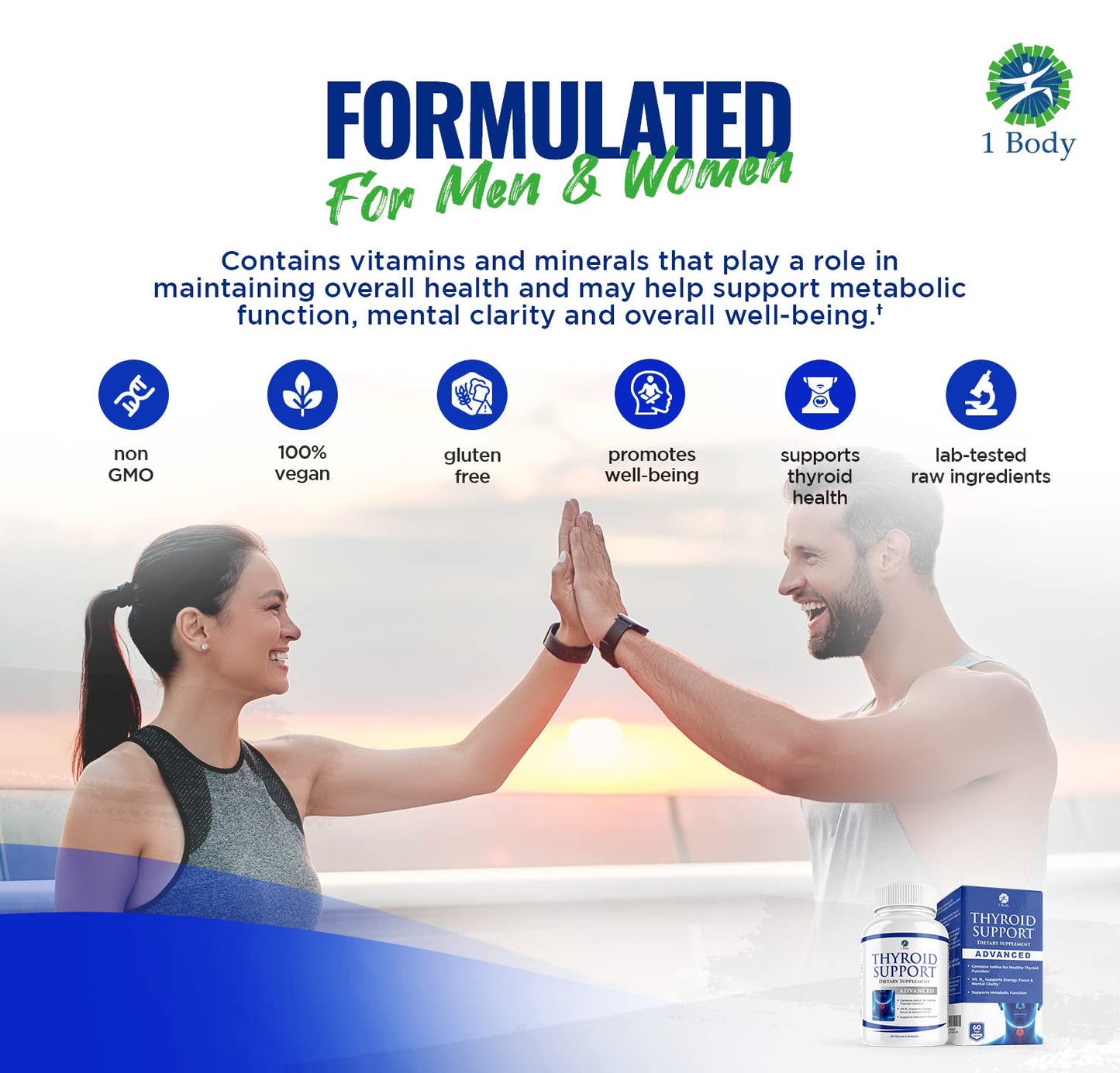 1 Body Thyroid Support Supplement for Women and Men - 2 Pack 60 Days 1 Body