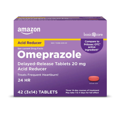 Amazon Basic Care Omeprazole delayed-release tablets packaging on a white background