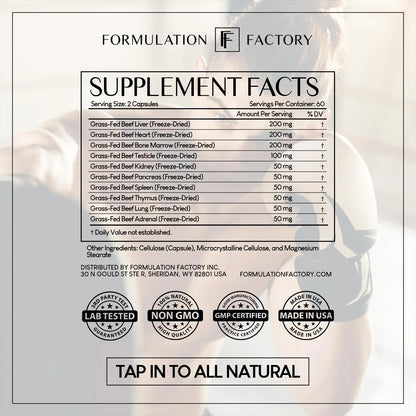 Formulation Factory Primal Power 10-in-1 Beef Organ Supplement - Grass Fed Beef Liver Capsules with Heart, Bone Marrow, Kidney, Testicle - Freeze Dried Organ - 120 Capsules, 2 Month Supply Formulation Factory buy supplements Au