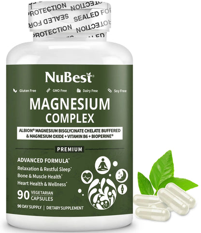 Magnesium Glycinate Chelate Complex with Albion Magnesium Bisglycinate Chelate, Vitamin B6 & BioPerine for Bone, Muscle, Natural Sleep, NuBest