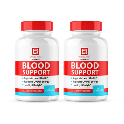 Two bottles of 'Blood Support' dietary supplements with red and white labels on a white background.