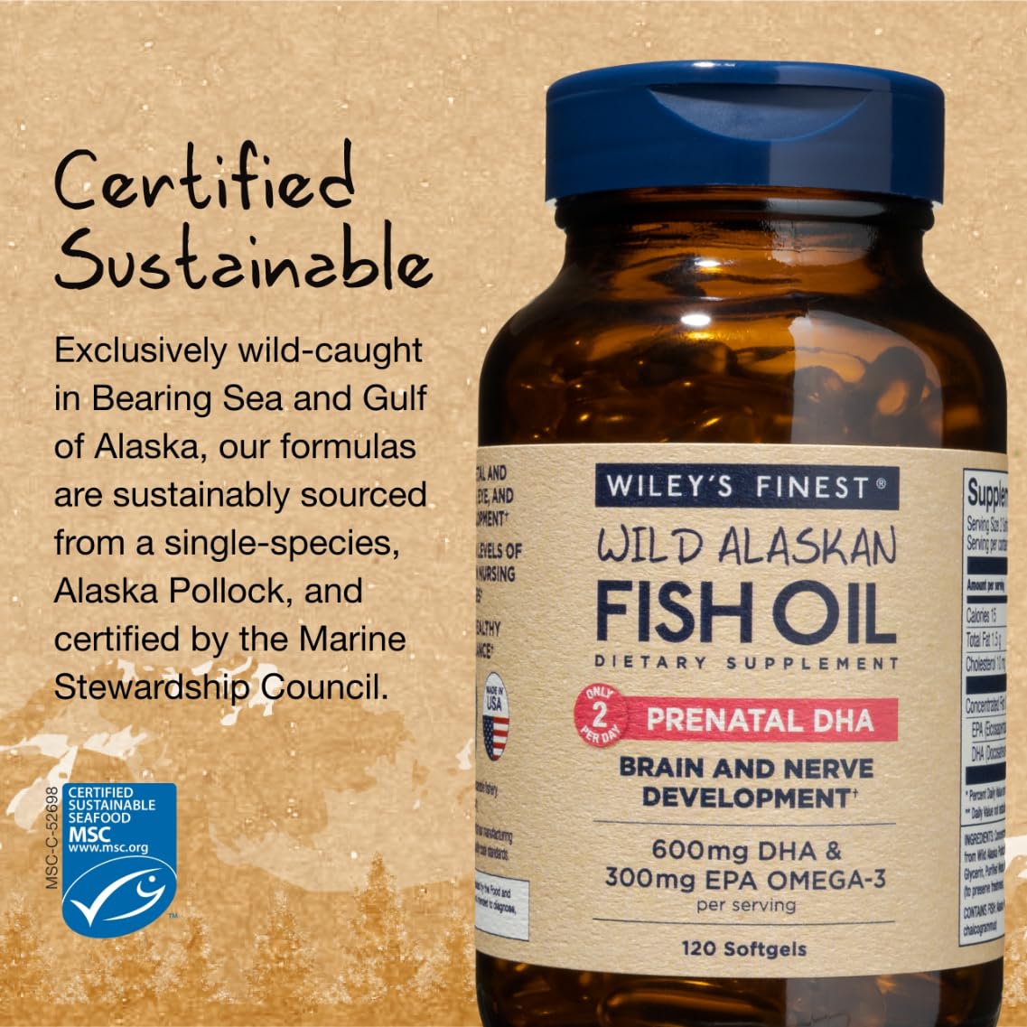 Wiley's Finest Wild Alaskan Fish Oil Prenatal DHA - 900mg EPA and DHA Omega-3s Wiley's Finest
