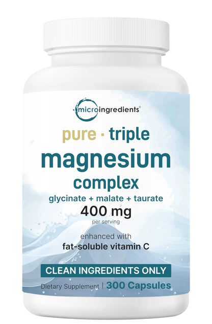 Micro Ingredients Pure Magnesium Complex, 300 Capsules | Triple Magnesium Glycinate, Malate, Taurate with Vitamin C | 100% Chelated | Supports Muscles Micro Ingredients