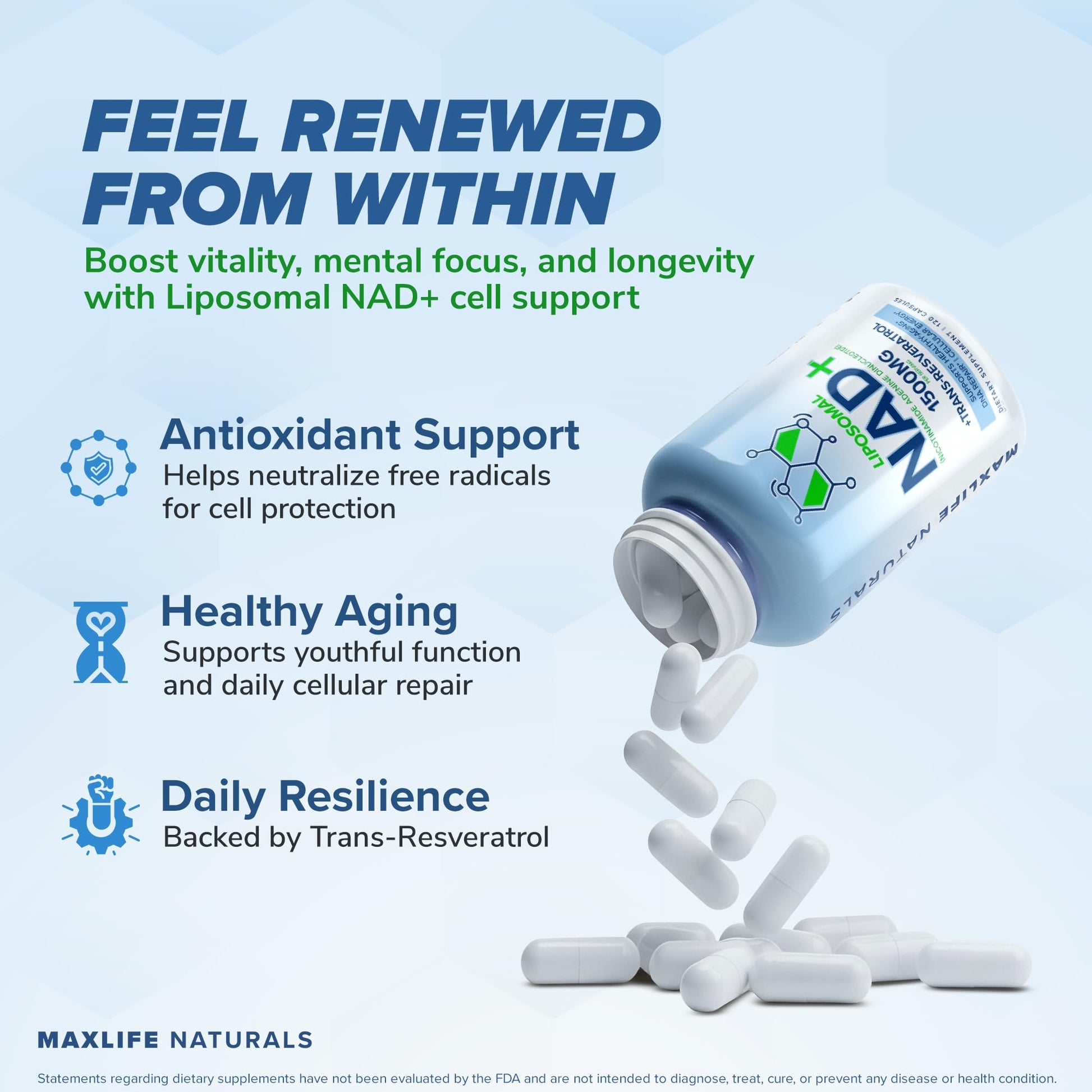 Liposomal NAD+ Trans-Resveratrol Supplement 1500mg - 120 Capsules - Liposomal NAD Supplements for Women and Men, High Purity-NAD Cell Regenerator, Cognitive & Anti Aging Supplement for Women & Men MAXLIFE NATURALSBuy Supplements Australia