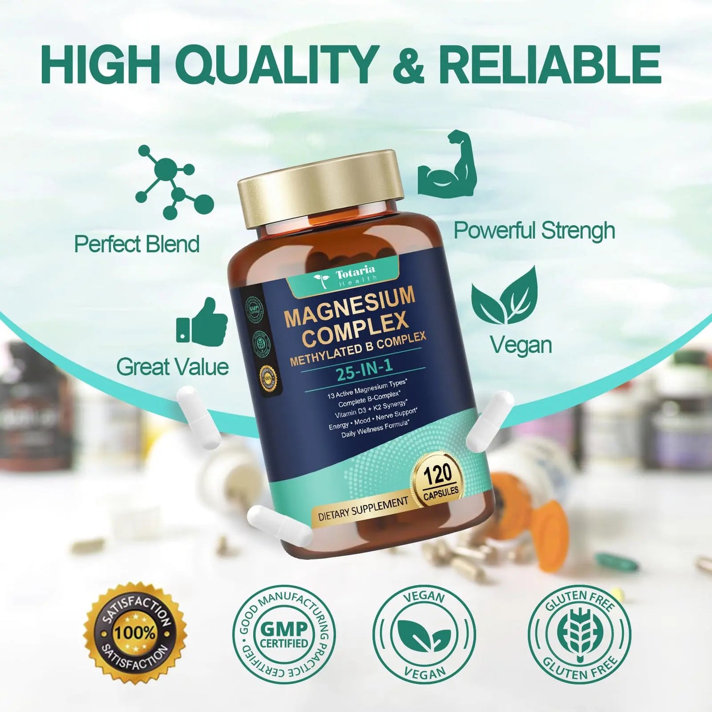 25-in-1 Magnesium Complex with Methylated B Complex Magnesium Glycinate Citrate Malate Taurate Gluconate Aspartate Carbonate D3 K2, Magnesium Supplement Totaria