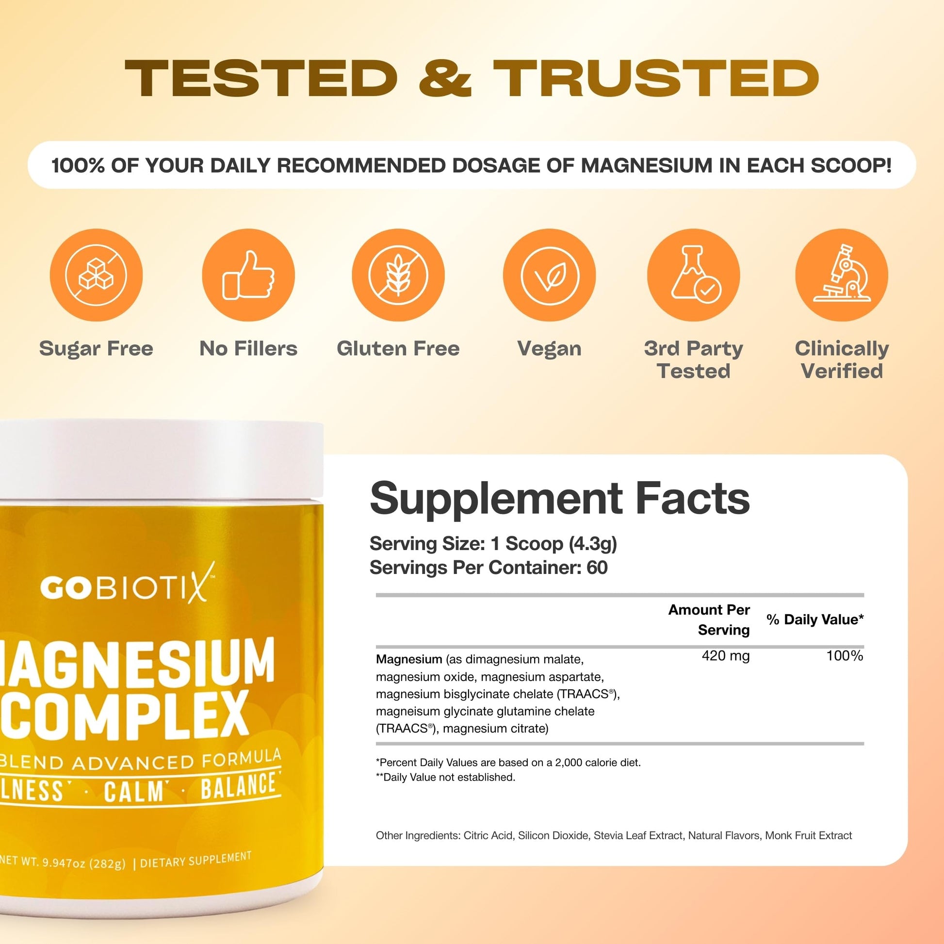 GoBiotix Magnesium Glycinate Powder – Cortisol Supplements for Women and Men – High Absorption Magnesium Complex Calm Supplement with Citrate, Malate – Sugar Free – 420 mg, 60 Servings - Honey Citrus GOBIOTIXBuy Supplements Australia