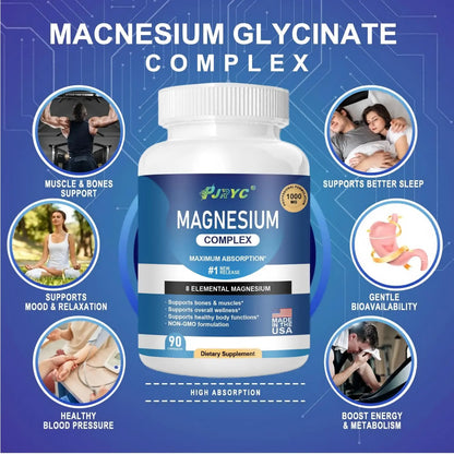 Magnesium Complex Supplement - 1000mg with 8 Magnesium Forms: Glycinate, Citrate, Malate, Taurate & Orotate - Supports Muscle Function, Bone Strength & Relaxation - Vegan, Non-GMO - 180 Capsules PJRYC buy supplements Au