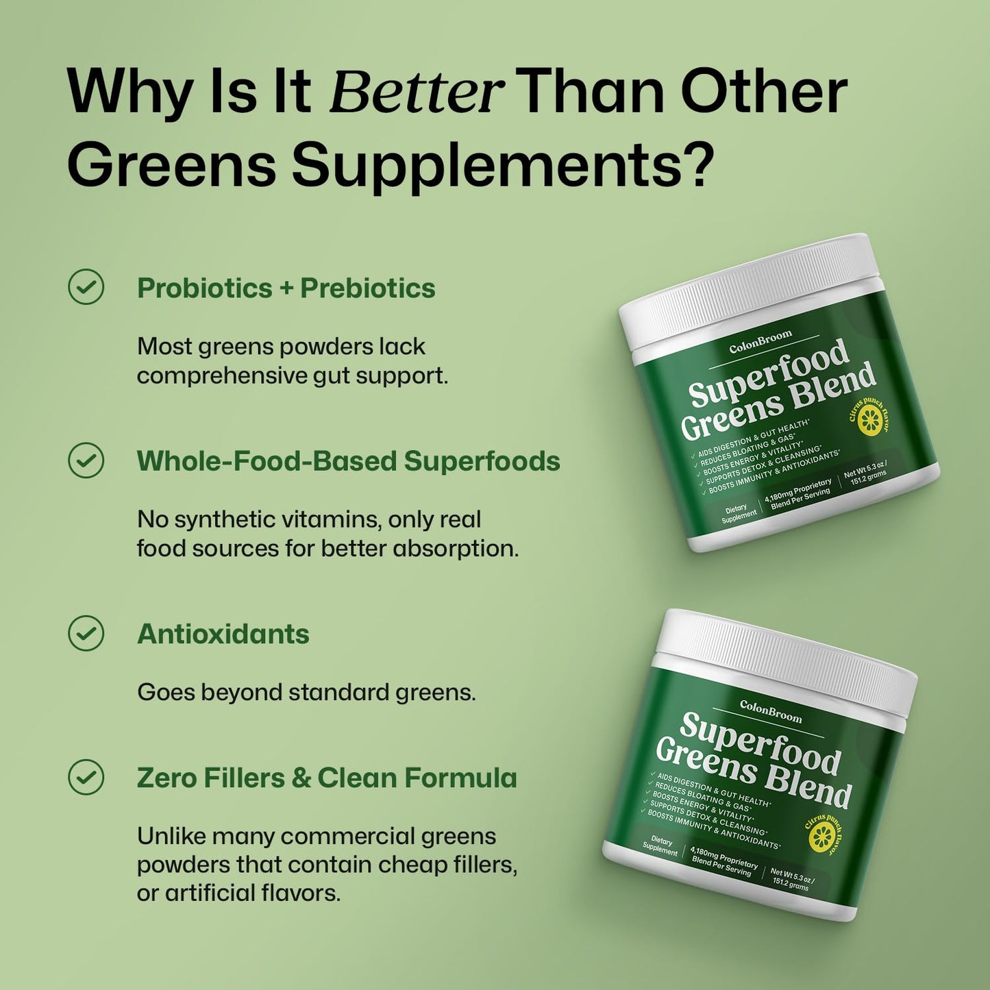 ColonBroom Superfood Greens Powder Supplement | Super Greens Juice Powder with Probiotics, Prebiotics, Spirulina & Chlorella | Natural for Energy, Immunity, Digestion & Detox Support | 28 Servings ColonBroomBuy Supplements Australia