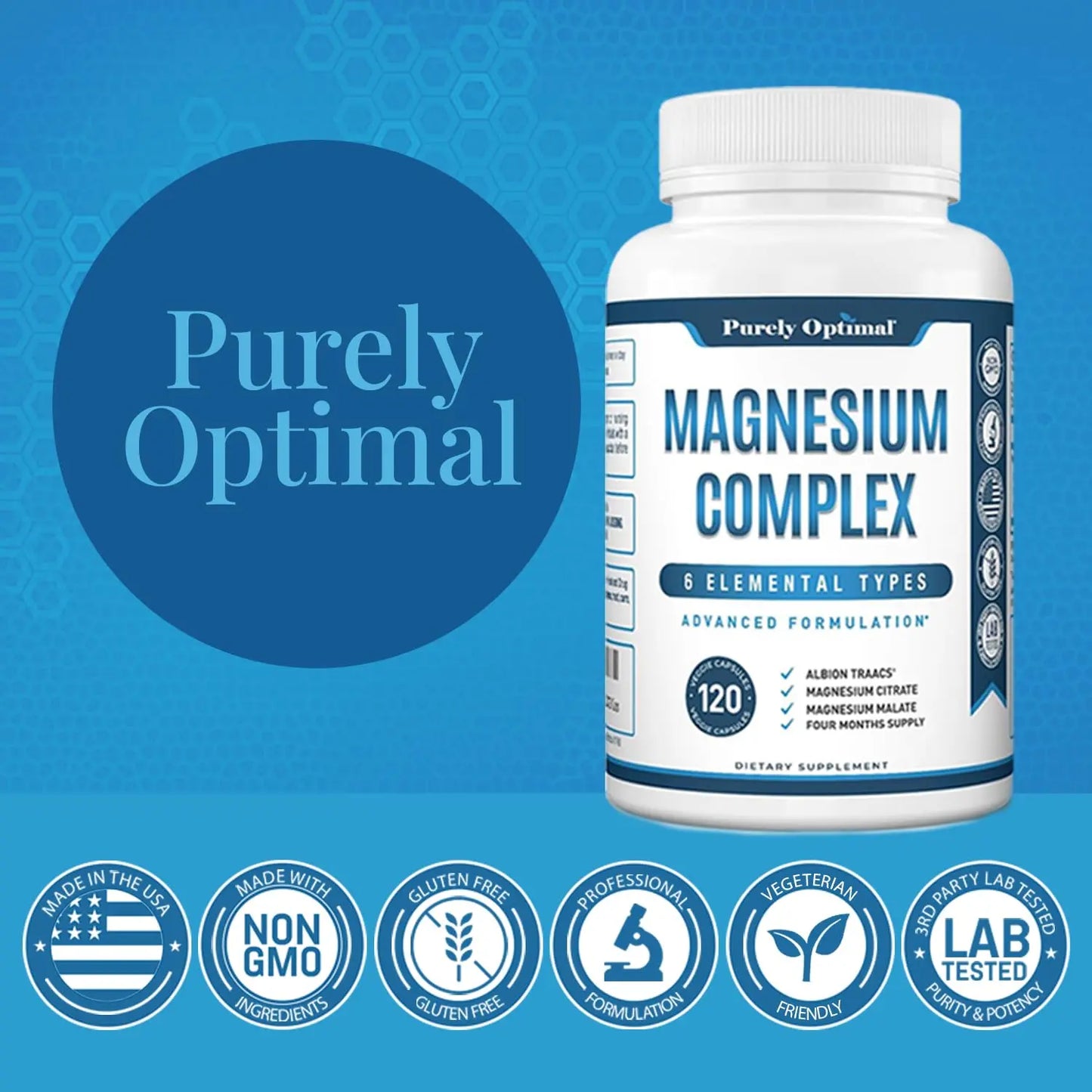Purely Optimal Magnesium Complex - 6 Forms Magnesium Glycinate, Citrate & Malate - Sleep Support, Stress Relief, Muscles, Heart Health & Relaxation Purely Optimal